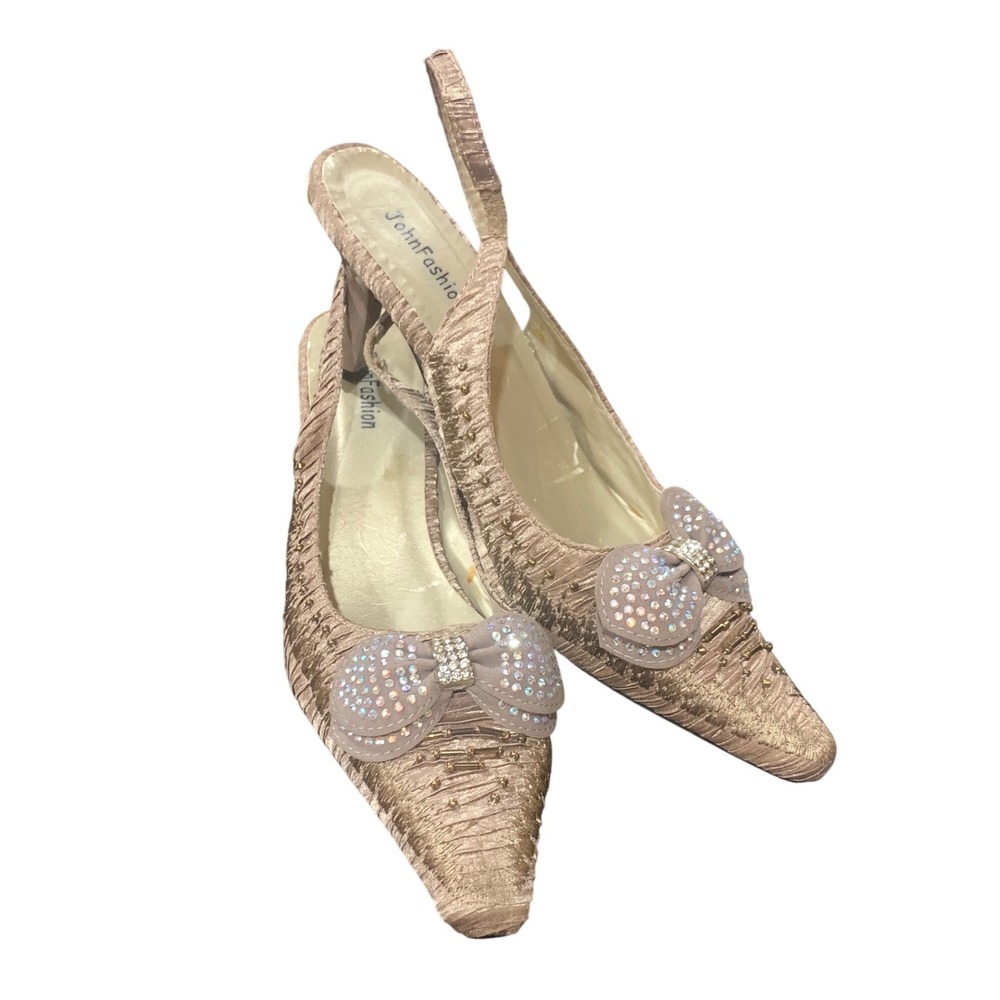 JohnFashion Champagne Rhinestone Bow Slingback Kitten Heel Pumps Size 9